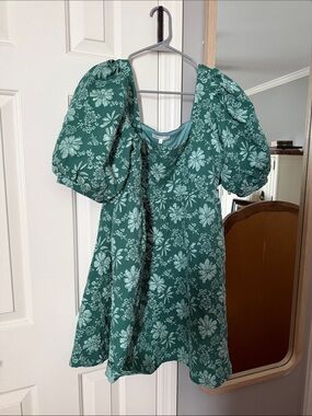 Green/Teal Floral Puff-Sleeve Mini Dress